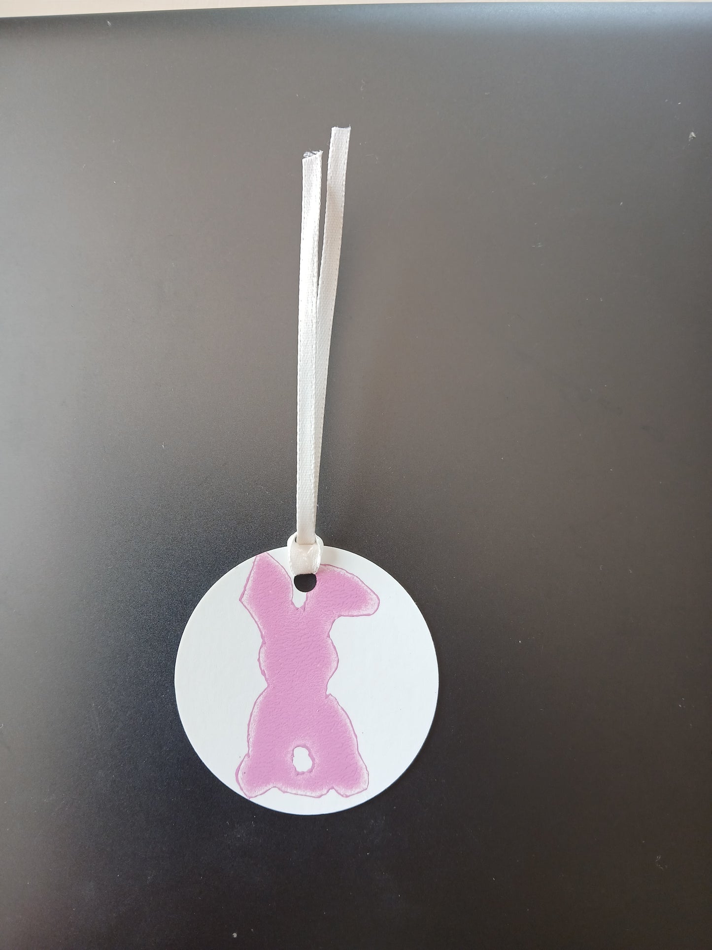 Bunny in Pink on round white gift tag with ribbon