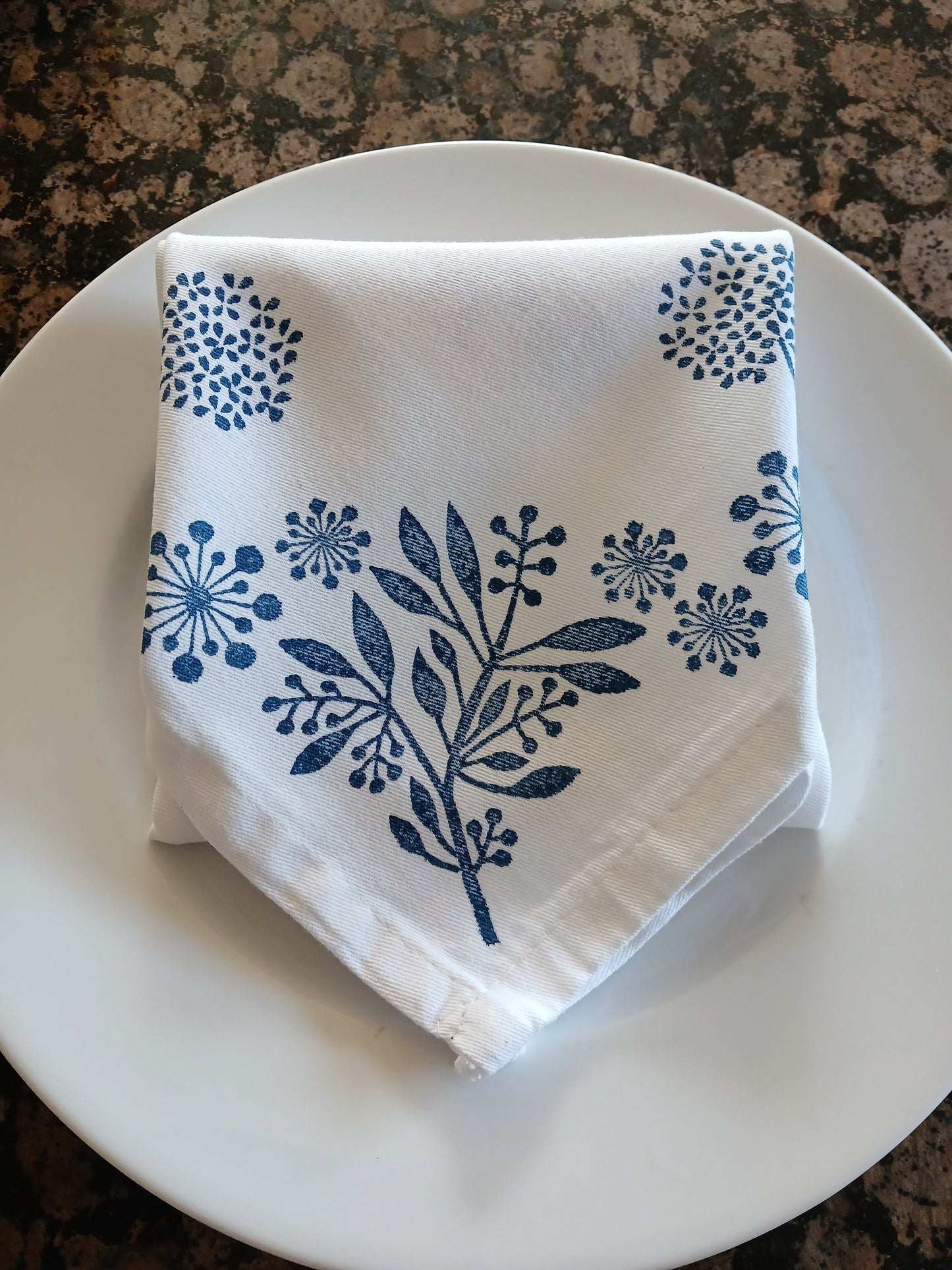 Seeds in Navy on white cotton napkin