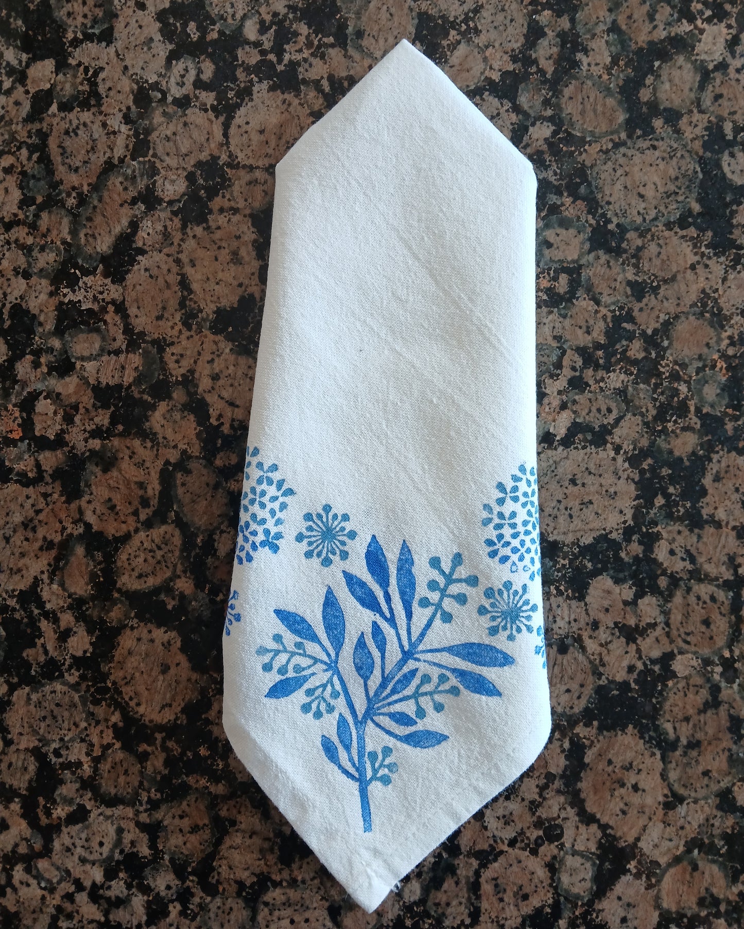 Seeds in Blue on white cotton napkin