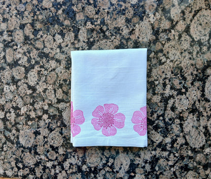 Dog Roses in Pink & Raspberry on white cotton napkin