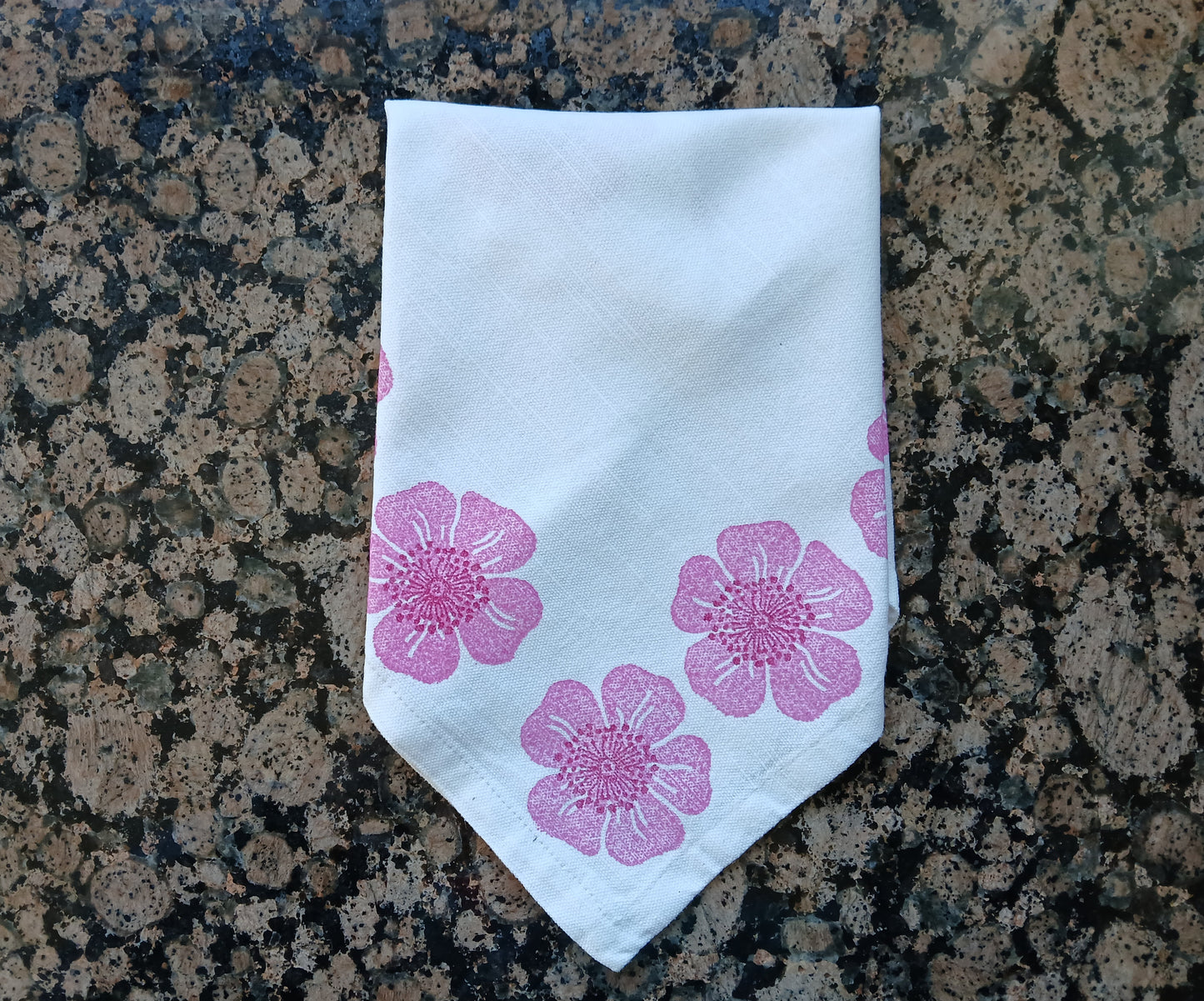 Dog Roses in Pink & Raspberry on white cotton napkin