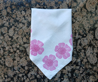 Dog Roses in Pink & Raspberry on white cotton napkin