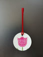 Tulip in Raspberry on round white tag with ribbon