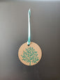 Indian Tree in Teal on round brown gift tag with ribbon
