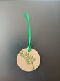 Indian Curved Leaf in Green on brown gift tag with ribbon