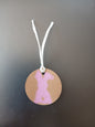 Bunny in Pink on round brown gift tag with ribbon