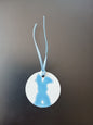 Bunny in Blue on round white gift tag with ribbon