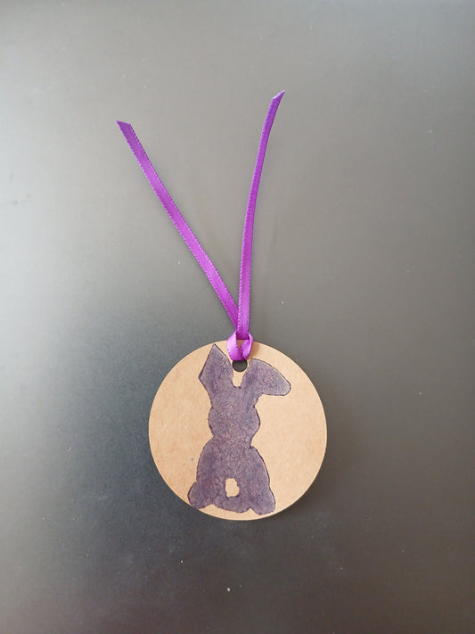 Bunny in Purple on round brown gift tag with ribbon