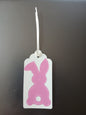 Bunny (large) in Pink on oblong white gift tag with ribbon
