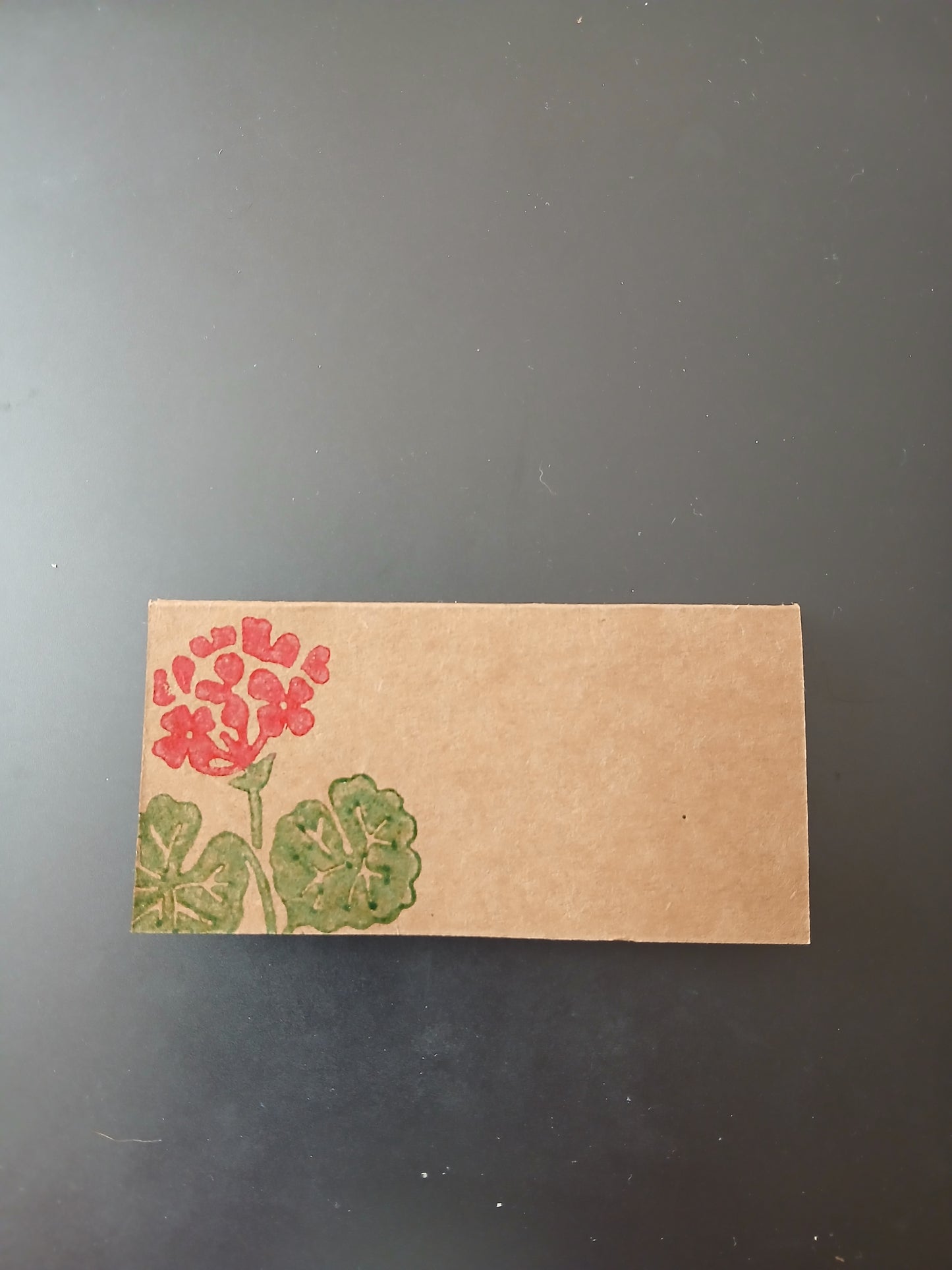 Geranium in Red & Green on rectangle brown place card
