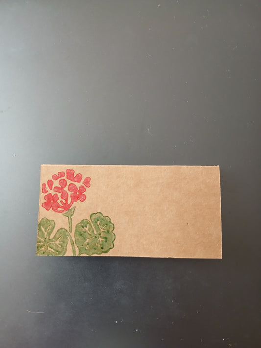Geranium in Red & Green on rectangle brown place card