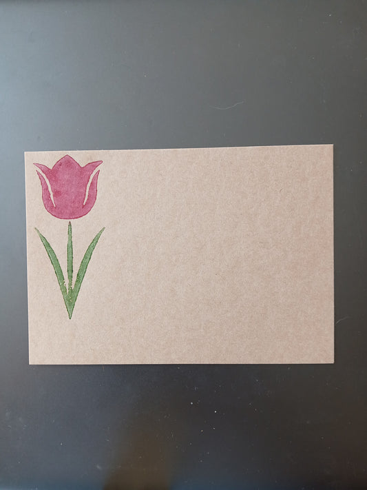 Tulip in Raspberry & Green on brown notelet