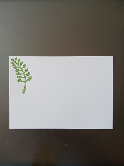 Indian Curved Leaf in Green on white notelet