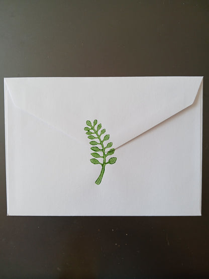 Indian Curved Leaf in Green on white notelet
