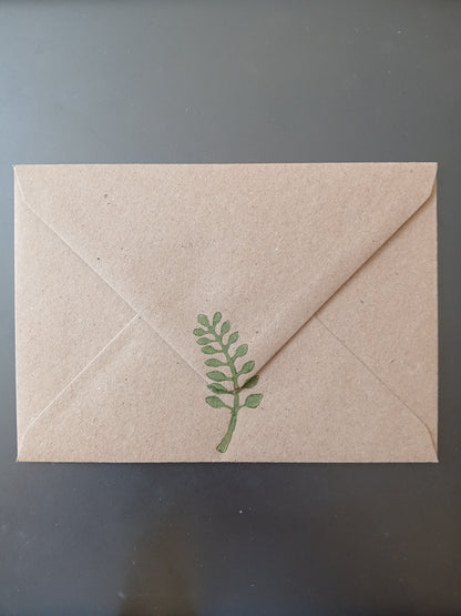 Indian Curved Leaf in Green on brown notelet