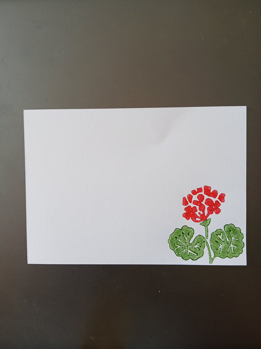 Geranium in Red & Green on white notelet