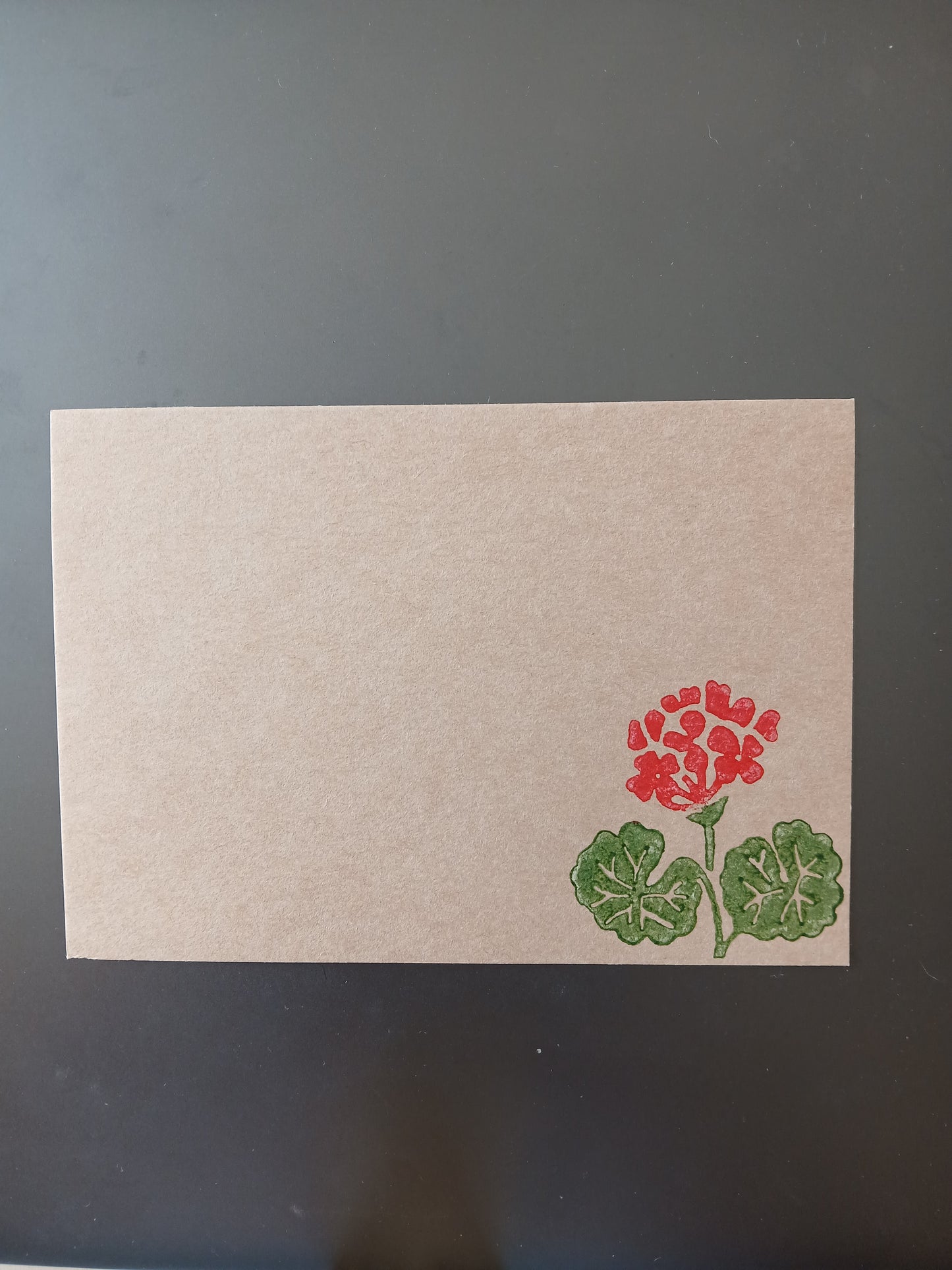 Geranium in Red & Green on brown notelet