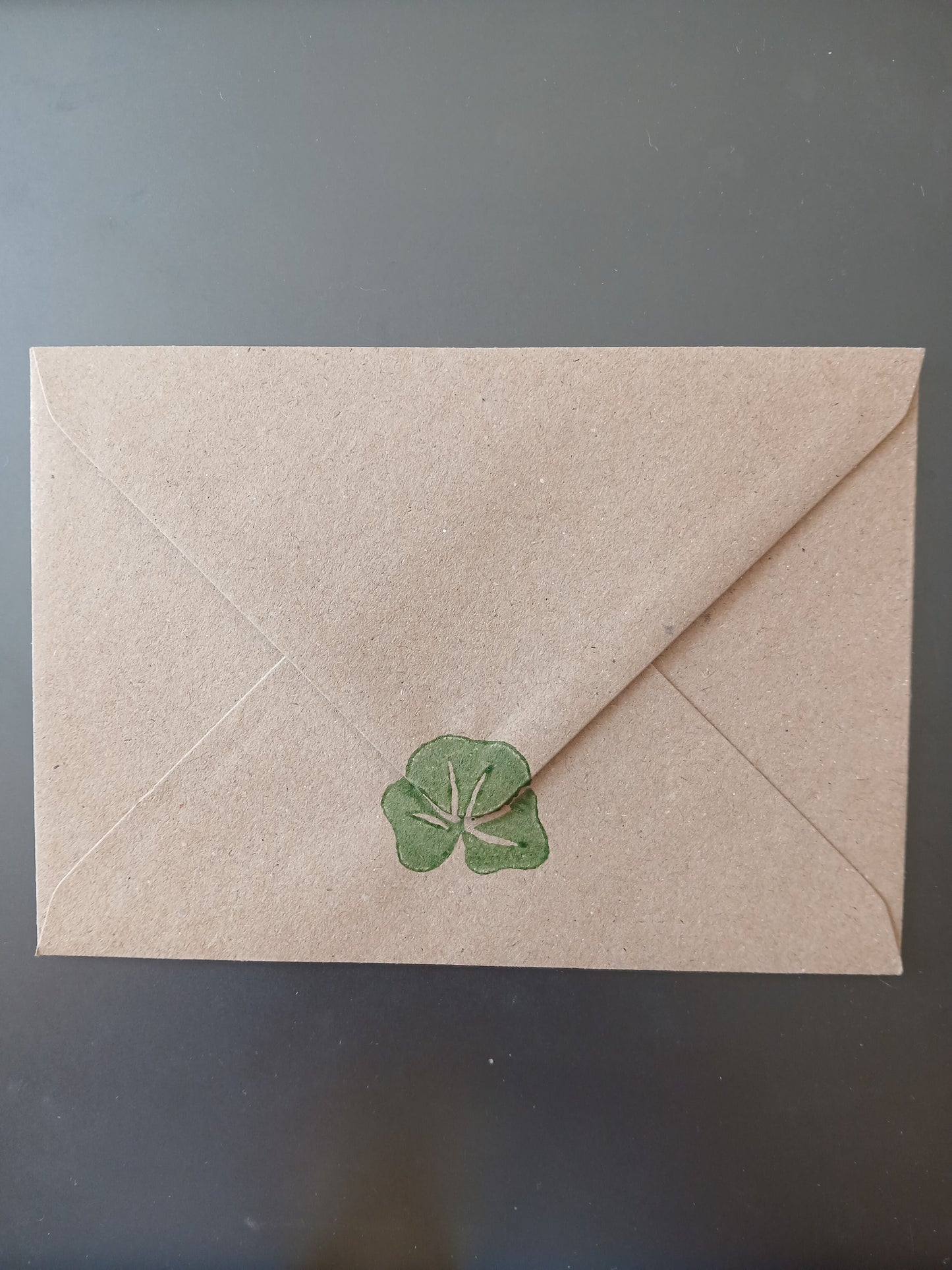 Geranium in Red & Green on brown notelet