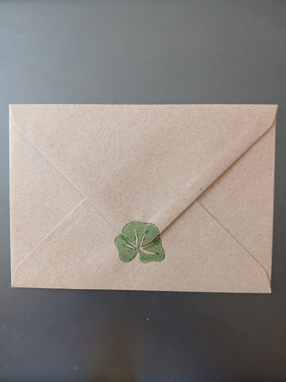 Geranium in Red & Green on brown notelet