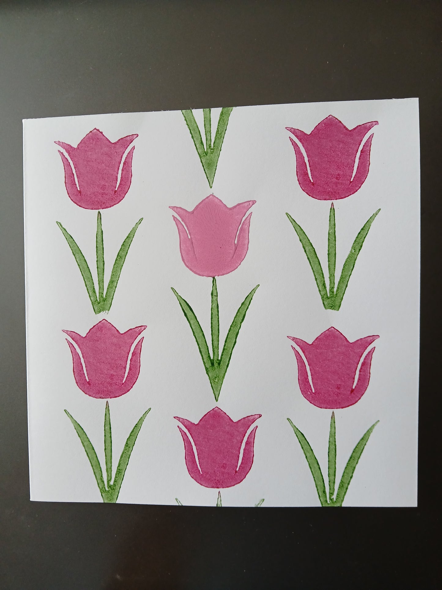 Tulip in Raspberry, Pink & Green on white card