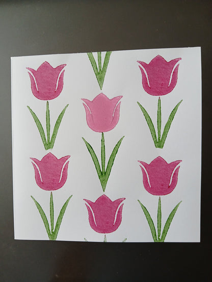 Tulip in Raspberry, Pink & Green on white card