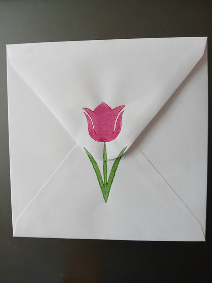 Tulip in Raspberry, Pink & Green on white card