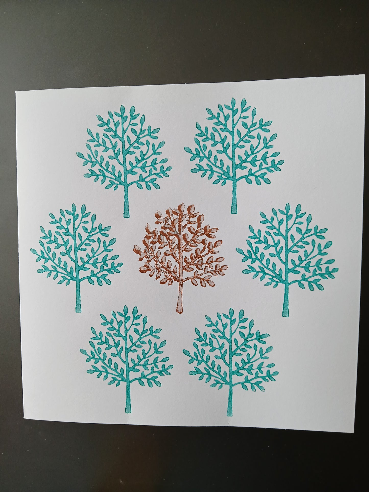 Indian Tree in Teal & Bronze on white card