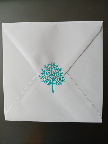 Indian Tree in Teal & Bronze on white card