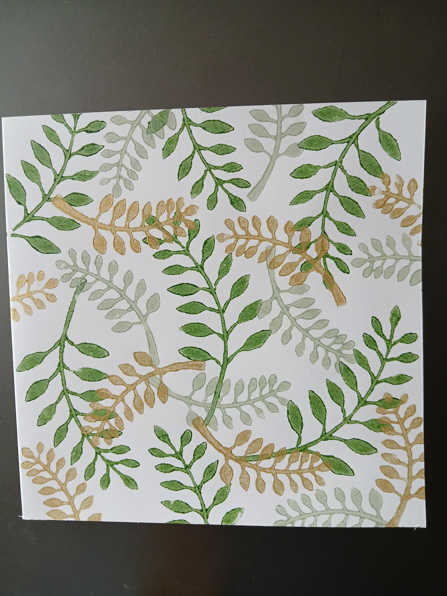 Indian Curved Leaf in Greens & Gold on white card