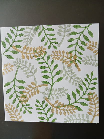 Indian Curved Leaf in Greens & Gold on white card