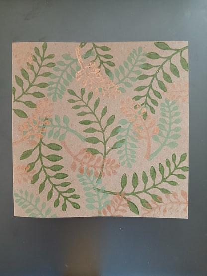 Indian Curved Leaf in Greens & Bronze on brown card