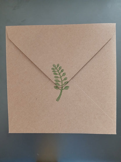 Indian Curved Leaf in Greens & Bronze on brown card