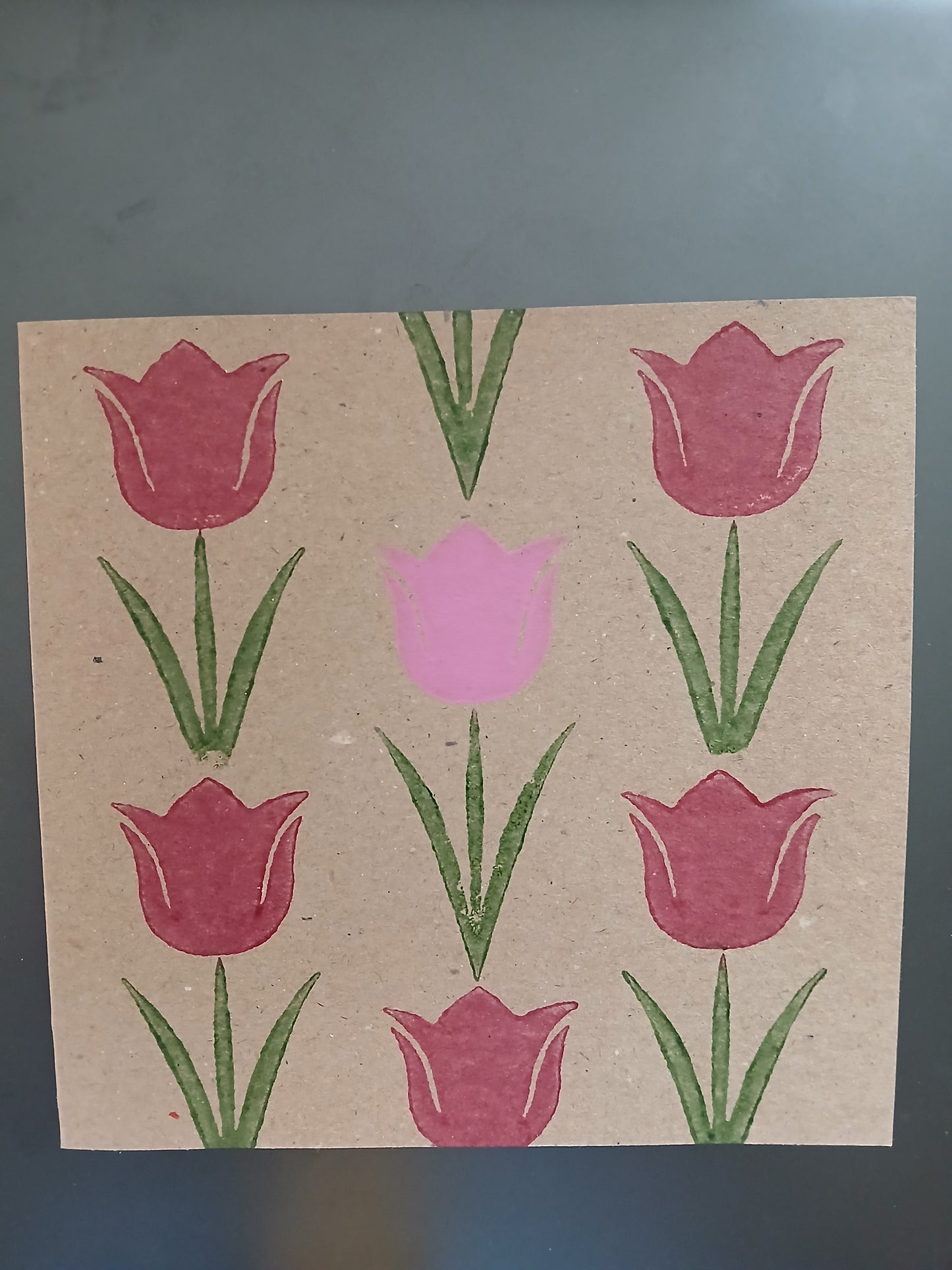Tulip in Raspberry, Pink & Green on brown card