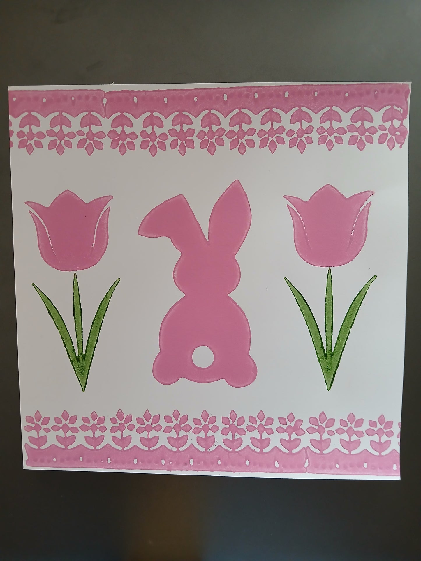 Bunny & Tulip with floral border in Pink & Green on white card