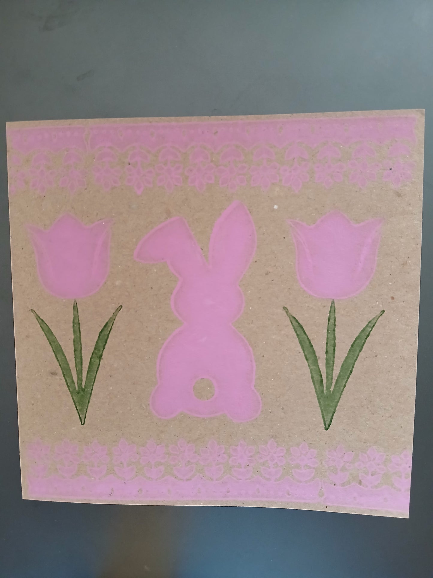 Bunny & Tulip with floral border in Pink & Green on brown card