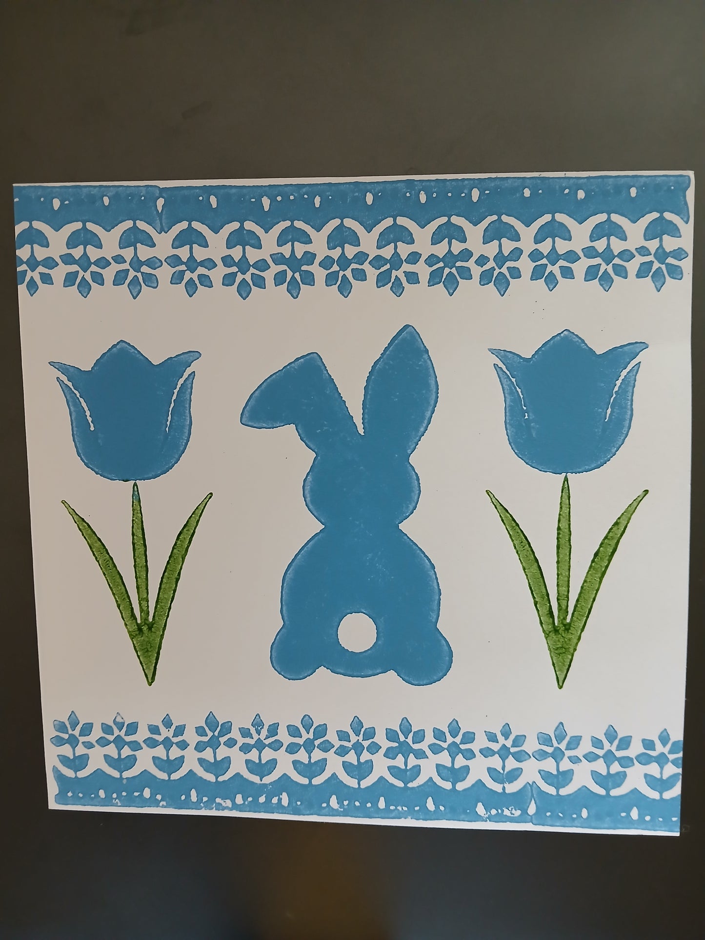 Bunny & Tulip with floral border in Blue & Green on white card