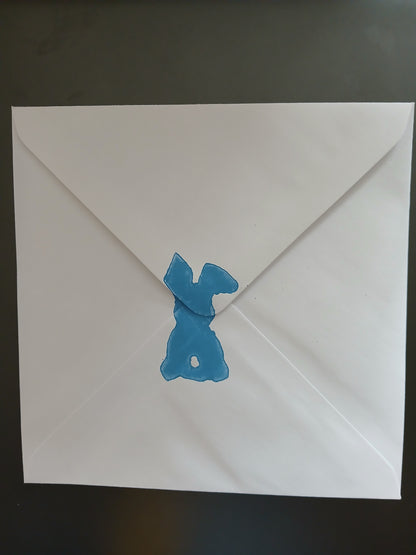 Bunny & Tulip with floral border in Blue & Green on white card