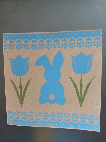 Bunny & Tulip with floral border in Blue & Green on brown card
