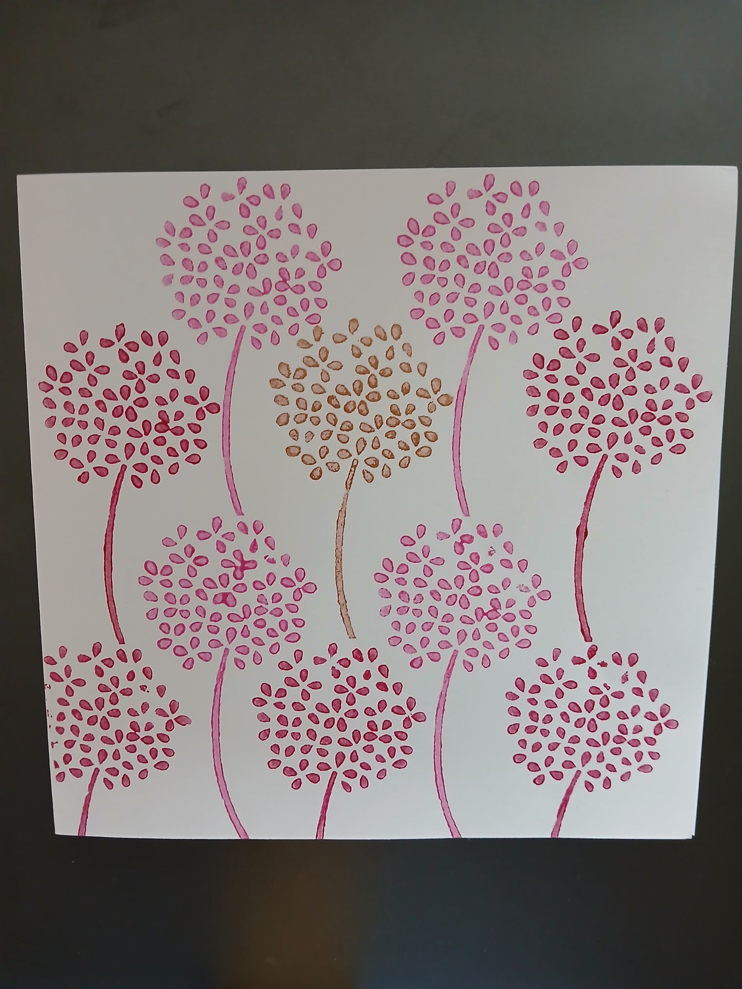 Seed Head on Stalk in Raspberry, Pink & Gold on white card
