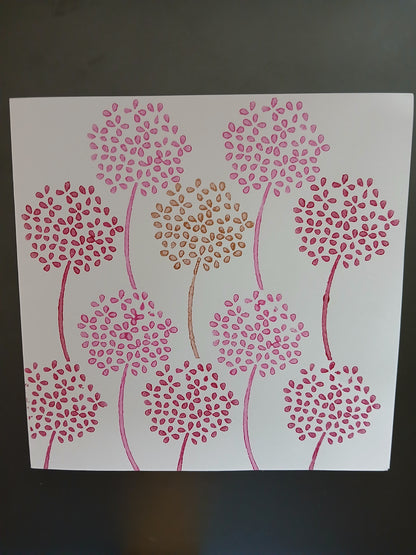 Seed Head on Stalk in Raspberry, Pink & Gold on white card