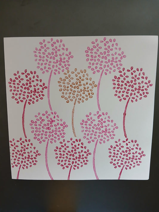 Seed Head on Stalk in Raspberry, Pink & Gold on white card