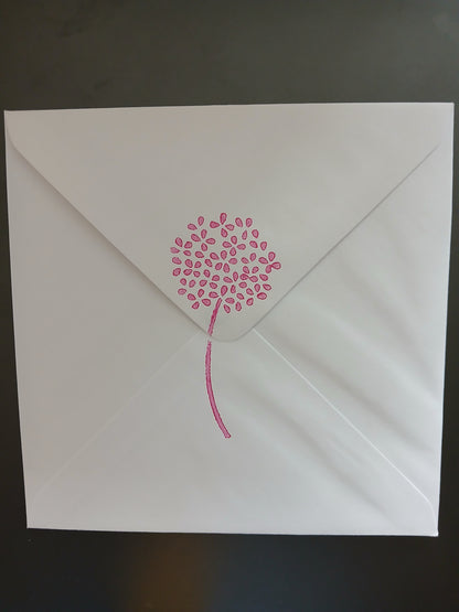 Seed Head on Stalk in Raspberry, Pink & Gold on white card