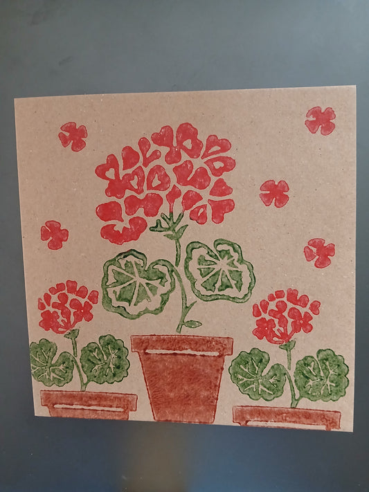 Geraniums in Red, Green & Brown on brown card
