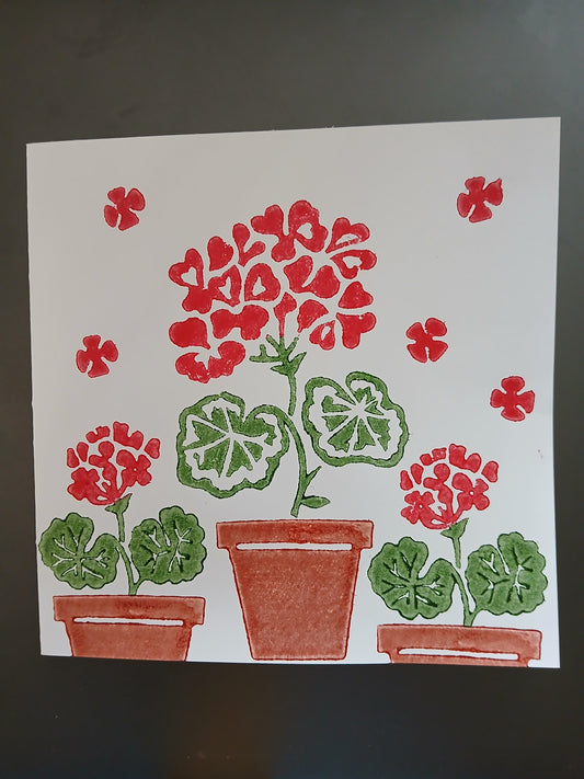 Geraniums in Red, Green & Brown on white card
