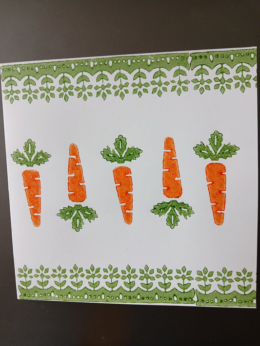 Carrots with floral border in Orange & Green on white card