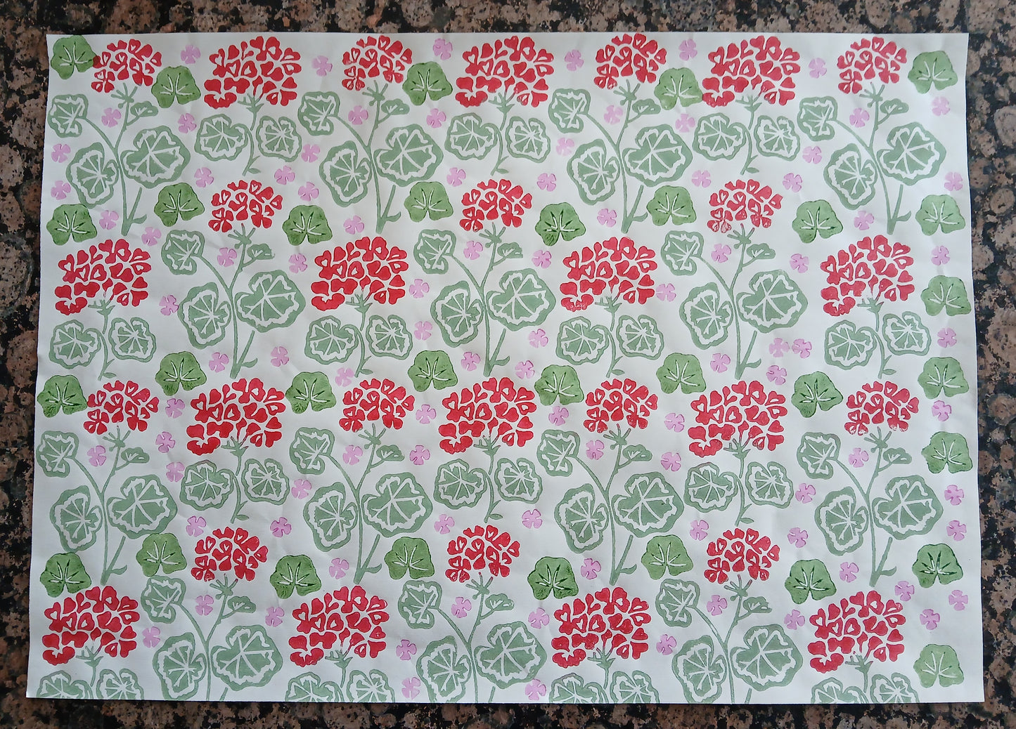Geraniums Style 2 in red, green & pink, wrapping paper