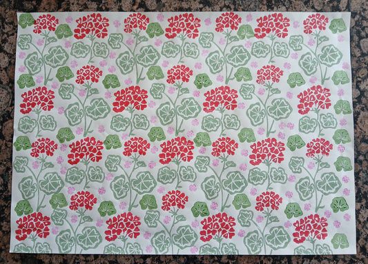 Geraniums Style 2 in red, green & pink, wrapping paper