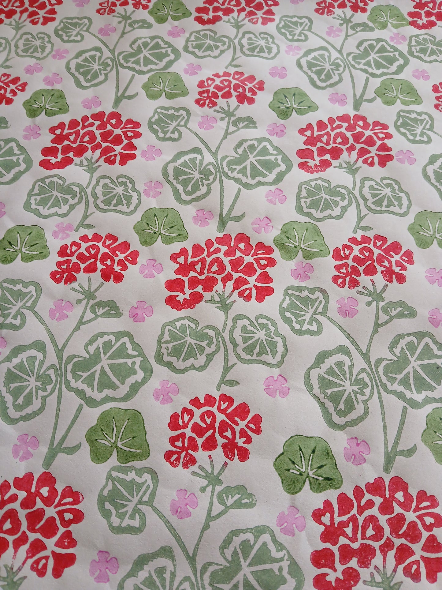 Geraniums Style 2 in red, green & pink, wrapping paper