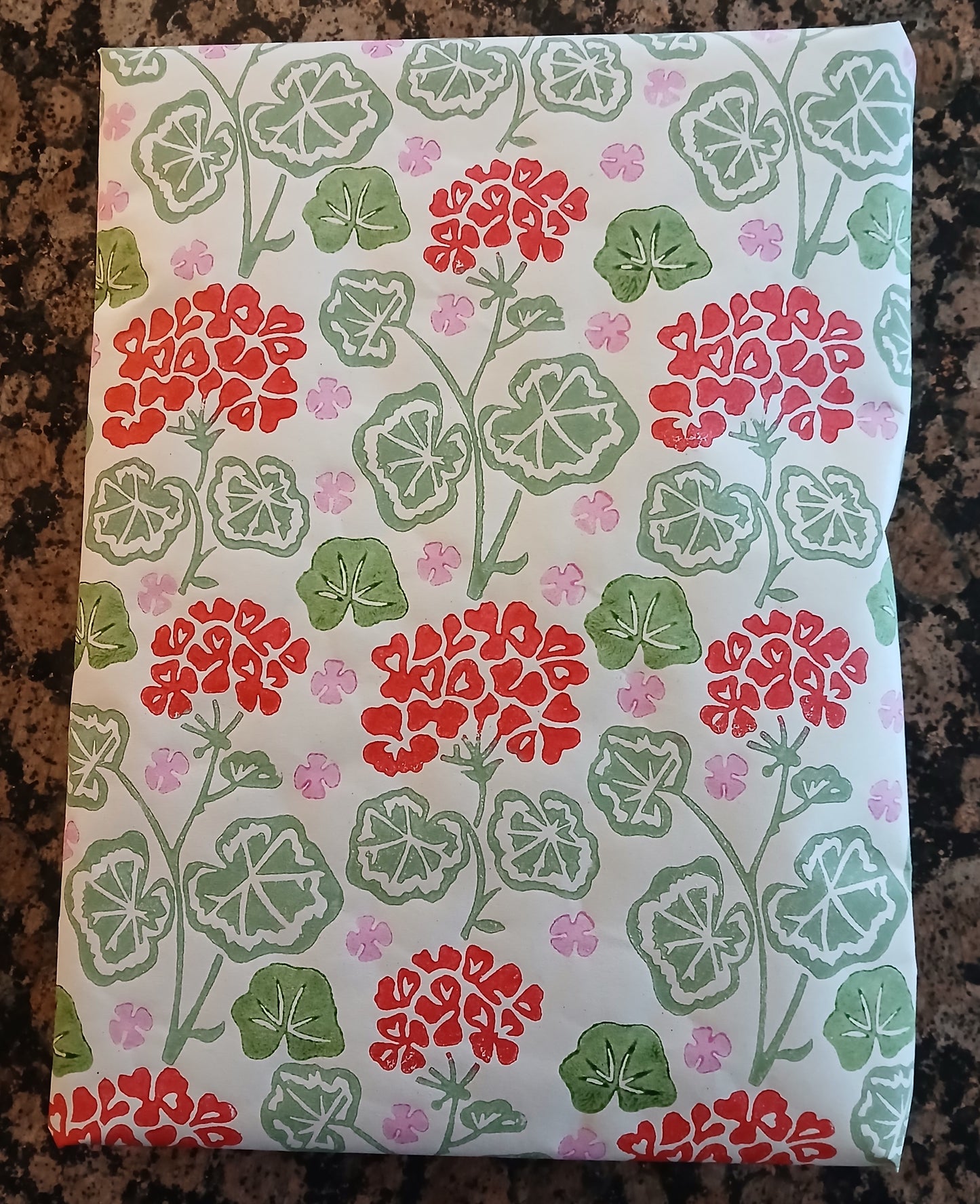 Geraniums Style 2 in red, green & pink, wrapping paper