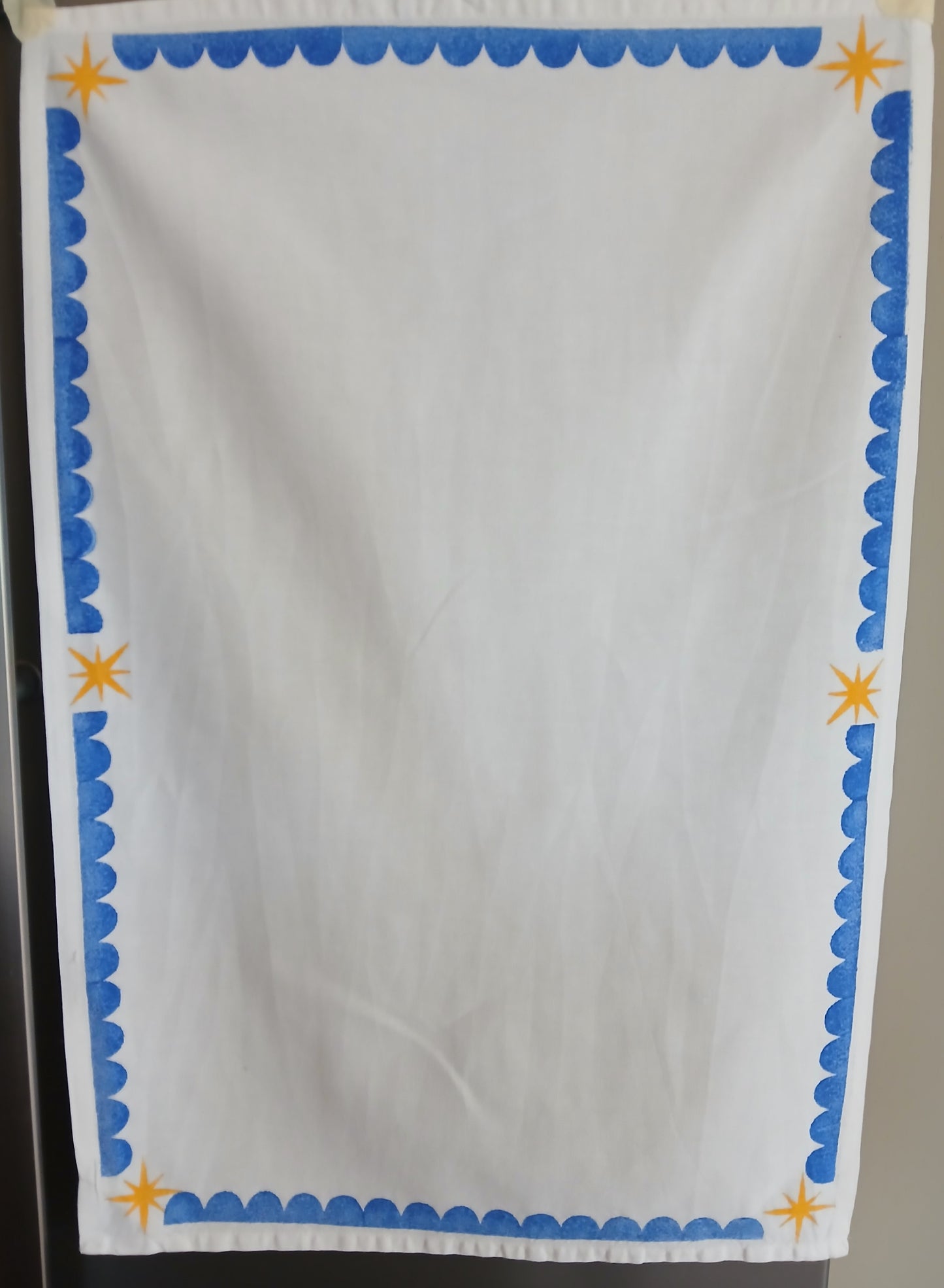 Scalloped & Stars in blue & mustard on cotton teatowel